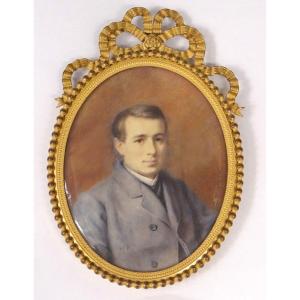 Miniature Ovale signée Adèle Lallemand Portrait Jeune Homme Costume  XIXème