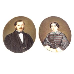 Pair Miniatures Portrait Couple Of Notables Signed Rougeot De Briel XIXth