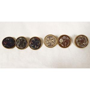 6 Old Buttons Fabric Embroidery Flowers Golden Metal Nineteenth