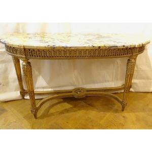 Console Louis XVI Half-moon Carved Wood Gilded Marble Napoleon III Nineteenth