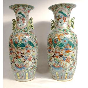 Paire Grands Vases Porcelaine Chinoise Personnages Chevaux Tongzhi XIXème