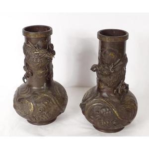 Paire Vases Japonais Bronze Dragons Fleurs Japon époque Edo Fin XIXè Siècle