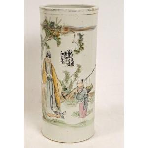 Grand Pot à Pinceaux Porcelaine Chinoise Personnage Sage Jardin Poème XXème