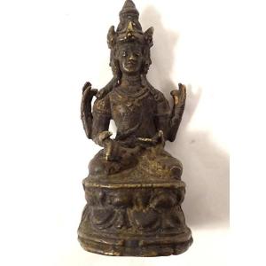 Sculpture Statuette Bronze Déesse Tara Trois Têtes Bouddhisme Thailande 19è