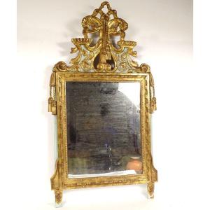 Mirror Louis XVI Golden Carved Wood Pediment Ribbons Flowers Knot Ice Eighteenth