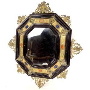 Italian Octagonal Mirror Blackened Wood Brass Bronze Putti Grand Tour Nineteenth