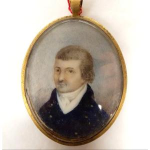 Painted Miniature Portrait Notable Man Oval Frame Work Hair 19th