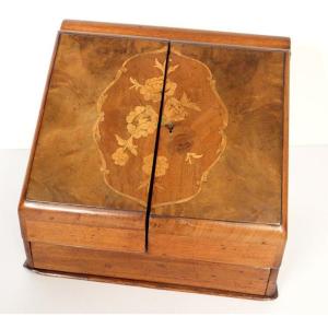 English Mahogany Walnut Writing Case Marquetry Decor Flowers 19th Century