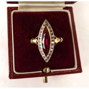 18k Solid Gold Marquise Ring Ruby Stone Small Pink Diamonds Pb 2.94gr 20th
