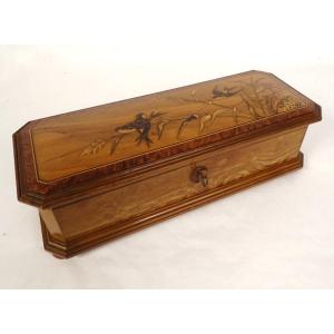 Glove Box Walnut Marquetry Birds Swallows Landscape Late 19th Century