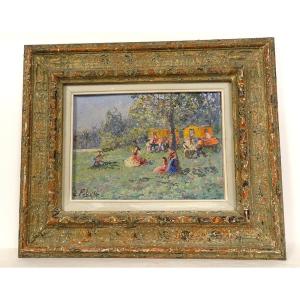 HST Tableau Edouard Febvre Paysage Camp Gitans Roulottes Cadre Bois XXème