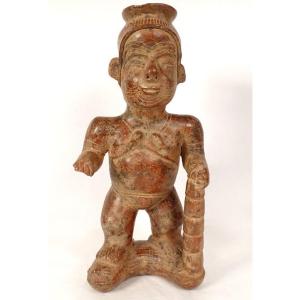 Pre-columbian Sculpture Colima Mexico Shaman Standing Earth Snake Stick