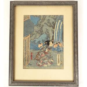 Japanese Print Ukiyo-e Woman Kimono Oiran Utagawa Toyokuni Waterfall 19th