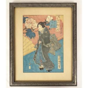 Estampe Japonaise Ukiyo-e Kunisada Utagawa Toyokuni III Femme Kimono XIXè