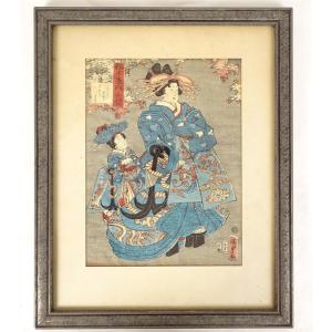 Estampe Japonaise Ukiyo-e Kuniyoshi Courtisane Oiran Kamuro Femme Edo XIXè