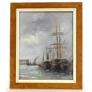 Hsp Marine Painting Boats Sailboats Port Landscape Monogrammed Early 20th Century