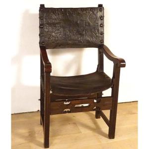Armchair High Arm Chair Period Carved Walnut Embossed Leather 17th Century