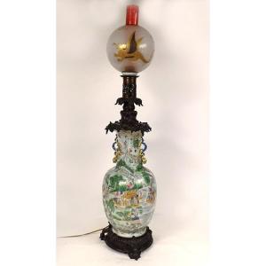 Large Chinese Porcelain Oil Lamp Landscapes Dragons Bronze Ball 19th