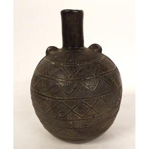 Pre-columbian Globular Vase Chimu Culture Peru Black Terracotta