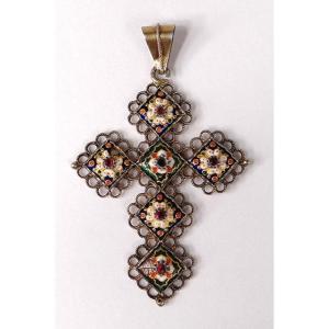 Bressane Cross Pendant Silver Vermeil Enamels Stones Jewelry 19th Century