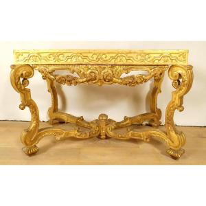 Console Louis XIV Bois Sculpté Doré Guirlandes Fleurs Coquilles XVIIIème