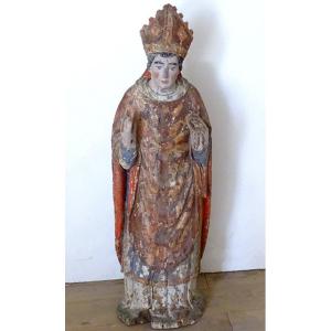 Grande Sculpture Statue Saint évêque Bois Sculpté Polychrome XVIIème Siècle