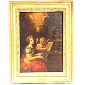 Hst Portrait Of Sainte-cécile Music Organ Cherubs Crown 18th Century
