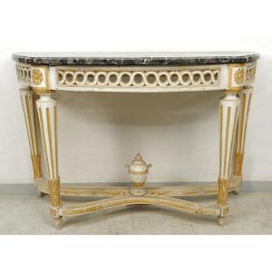 Half-moon Console Louis XVI Carved Lacquered Wood Openwork Gray Marble XVIII