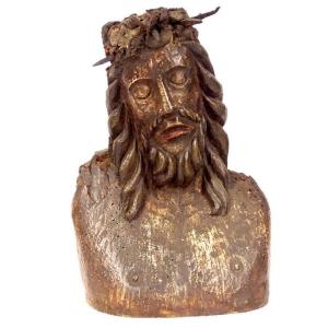 Christ Bust Statue Crown Thorns Carved Wood Haute Epoque XIVth XVth