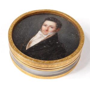 Miniature Round Box Portrait Noble Man Chasselat Solid Gold 1809 19th