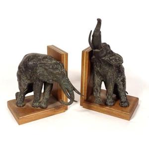 Pair Of Bookends Elephant Sculptures Ary Bitter Bronze Art Deco 20th