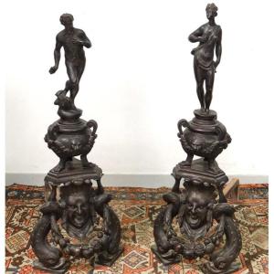 Paire Grands Chenets Cheminée Château Bronze Jupiter Junon Italie XIXème