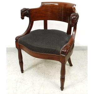 Empire Jacob Frères Mahogany Office Armchair Carved Rams Heads 19th Century