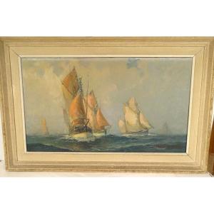 Hst Marine Painting Robert Laroche Departure Tuna Boats Concarneau Brittany 20th