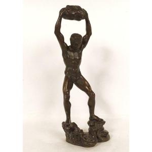 Sculpture Bronze Homme Au Rocher Serpent Art Déco XXème Siècle
