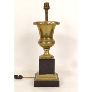 Lampe de Bureau Vase Médicis Laiton Doré Marbre Noir XXème Siècle