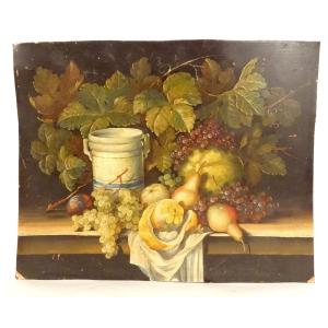 Hsc Painting Still Life Fruits Orange Bunches Grapes Pear Vine Nineteenth