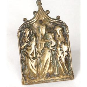 Plaque Bas-relief Baiser Paix Osculatoire Bronze Vierge Enfant Jésus XVème