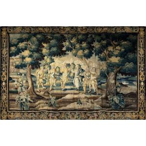 Large Aubusson Tapestry Characters Dance Landscape Castle Coat Of Arms XVIIth