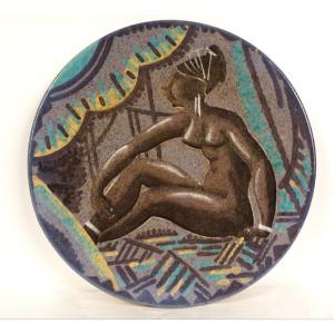 Large Sèvres Earthenware Dish André Naudy Africanist Decor Nude Woman Art Deco