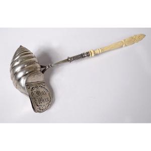 Punch Ladle Solid Silver Foreign Lid Sieve Carved Handle 19th Century