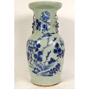 Vase Balustre Porcelaine Chine Blanc-bleu Vert Céladon Oiseau Pivoines XXè