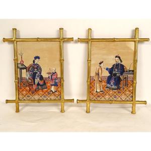 Pair Of Chinese Rice Paper Paintings Mandarin Characters Canton School 19th Century