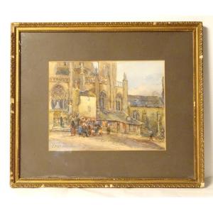 Watercolor Saint-tugdual Cathedral Tréguier Brittany Bretonnes Meyer 20th Century