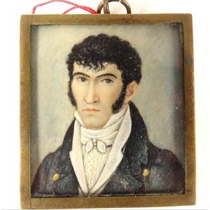 Small Painted Miniature Portrait Gentleman Embroidery Initials Empire 19th Century