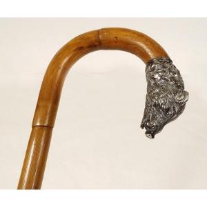 Antique Cane Solid Silver Knob Foreign Boar Head Bamboo 19th Century