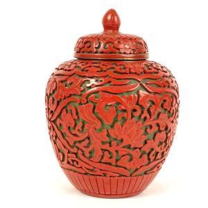 Small Chinese Covered Pot Cinnabar Lacquer China Flowers Early 20th Century