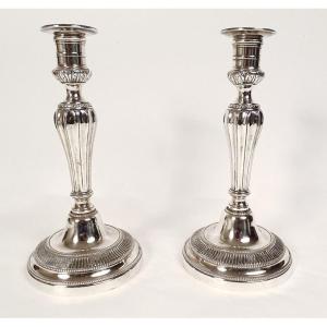 Pair Of Louis XVI Candlesticks, Silver-plated Bronze, 18th Century