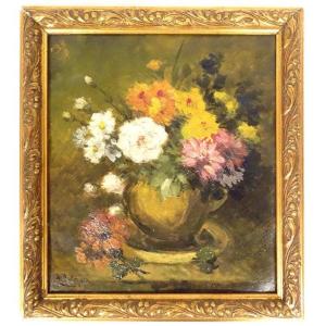 Hsp Painting A. Delvigne Still Life Bouquet Of Flowers Golden Frame 19th Century