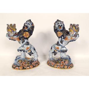 Pair Of Emile Gallé Nancy Earthenware Candlesticks Lions Imari Decor 19th Century